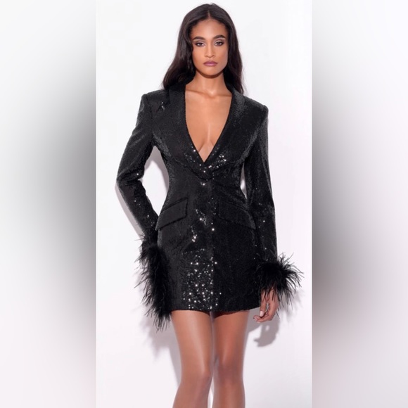 BLACK SEQUIN FEATHER TRIM BLAZER DRESS